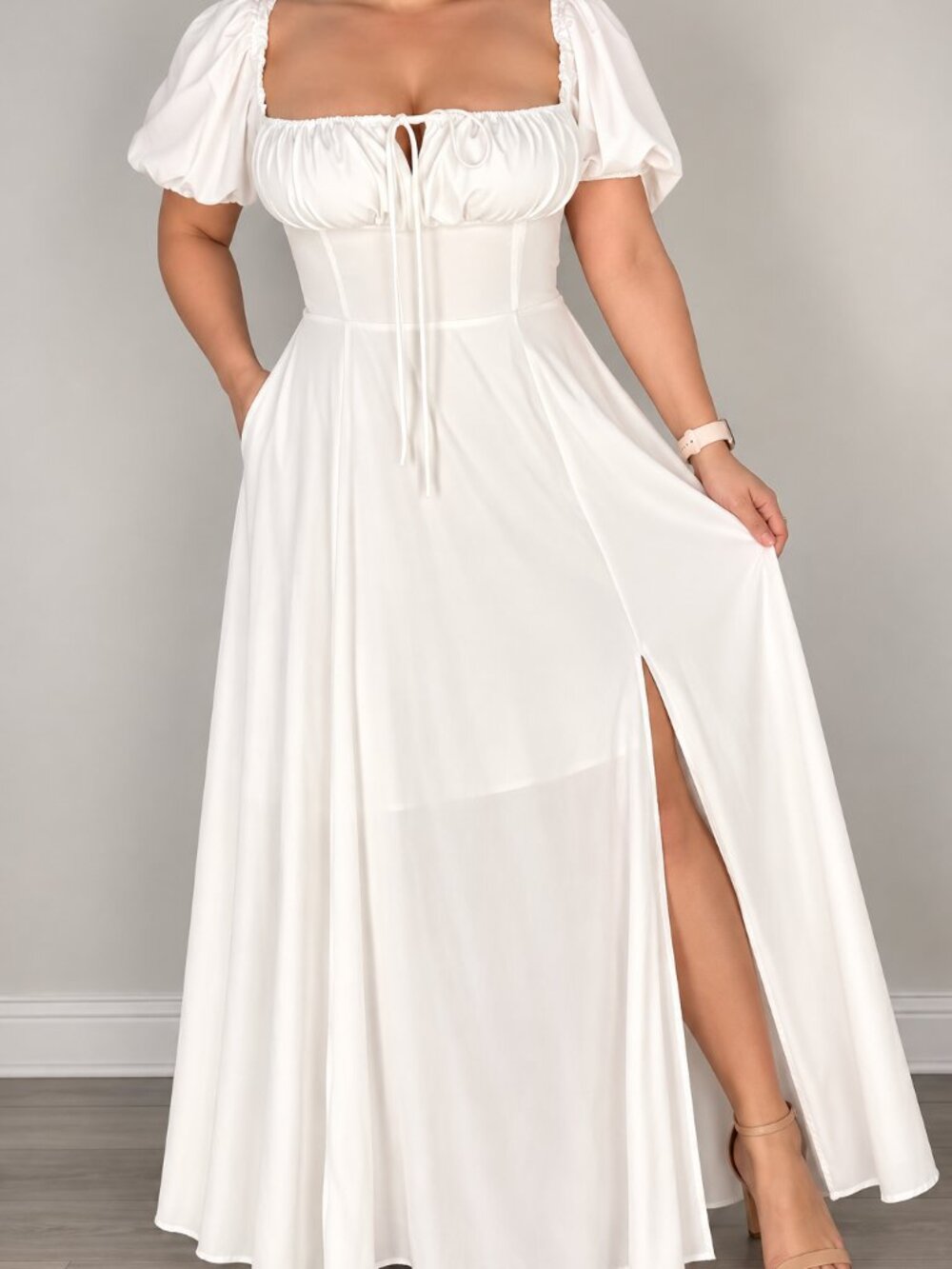 White Puff Sleeve Corset Style Maxi Dress XL Cottagecore Bridal